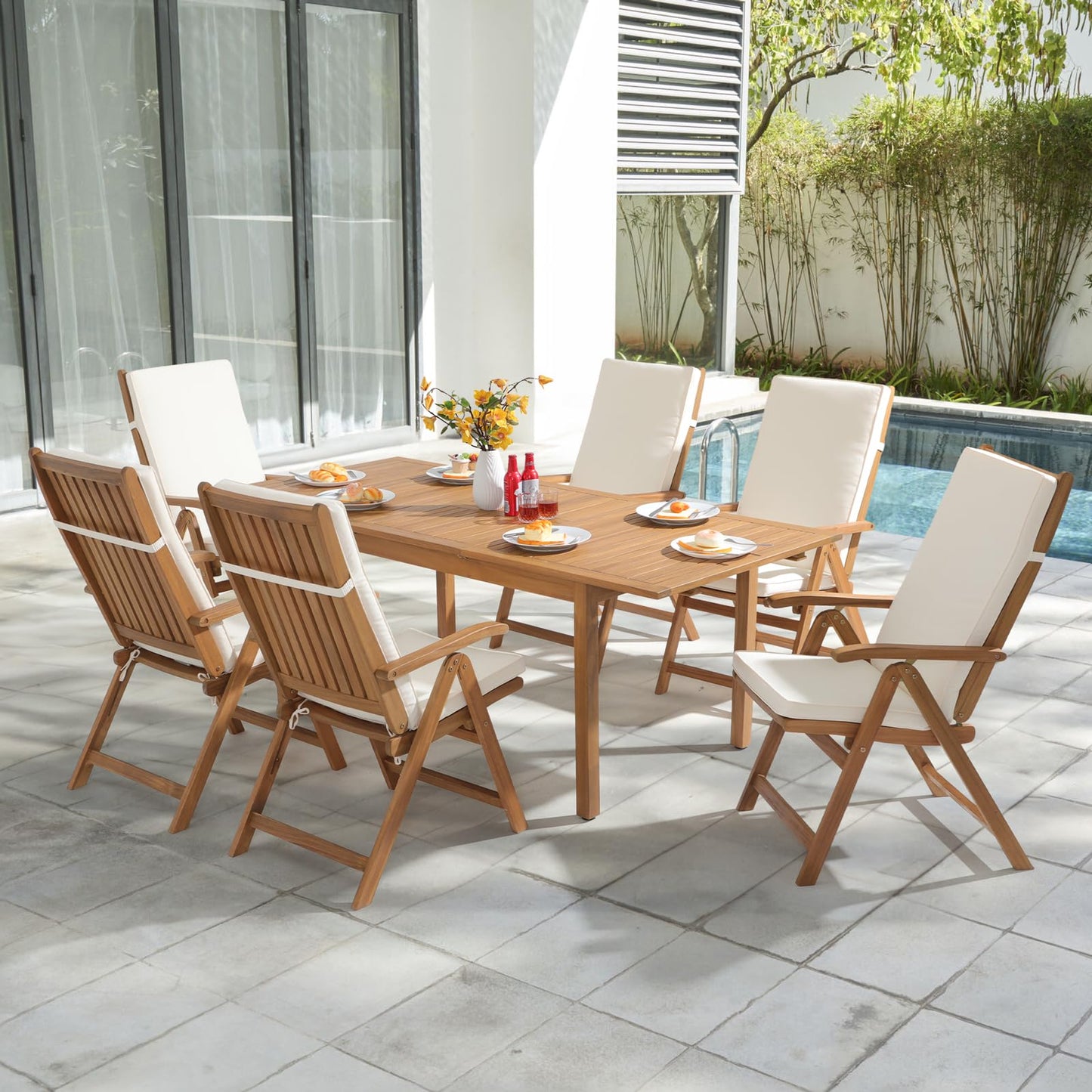 OC Orange-Casual 7 Piece Patio Dining Set, Outdoor Acacia Wood Furniture Set w/Extendable Rectangular Table and 6 Foldable Reclining Chair, FSC Certified, for Deck Garden Backyard, Beige - WoodArtSupply