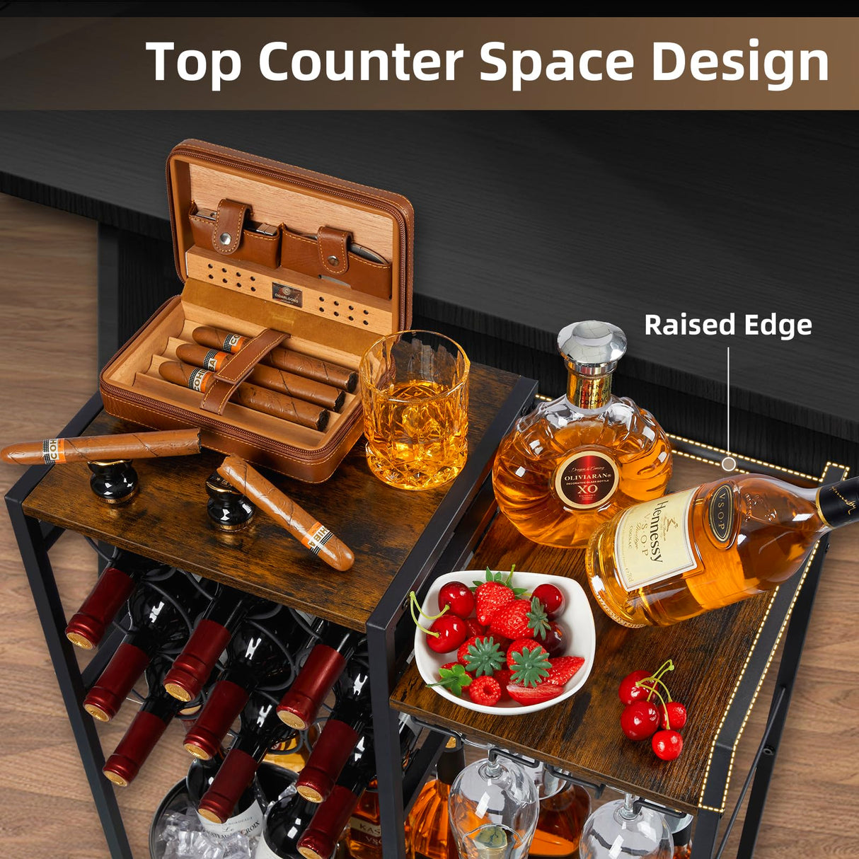 Freestanding Liquor Cabinet with 9-Bottle for Home Bar, Versatile Wine Rack Freestanding Floor with Glass Holder and Fences, Mini Bar Table Liquor Whiskey Display Large-Capacity Corner Wine Cabinet Bosimeca