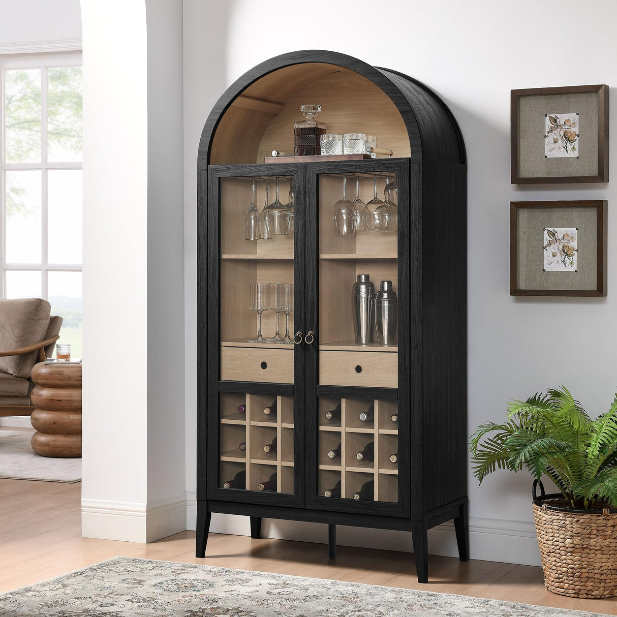 Modway Nolan Modern Farmhouse Arched Bar Cabinet in Black Wood Grain - 72 Inch Tall Wine Storage Cabinet with Glass Doors and Wine Rack - Large Liquor Cabinet for Dining or Living Room Modway
