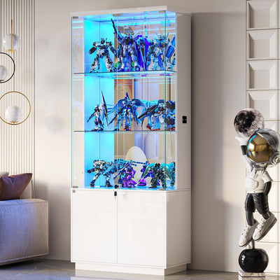 Lvifur 71” Glass Display Cabinet with Lights, Modern Curio Cabinet Display Cases for Collectibles, Locking Cabinet with Shelves & Drawers, Tall Bookcase with Human Body Sensor for Living Room (White)