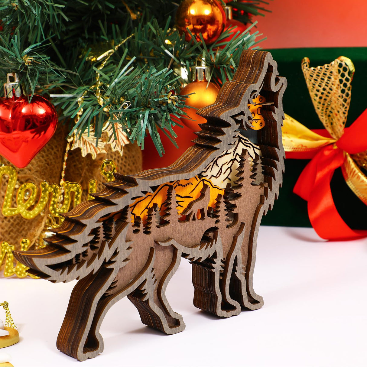 Drawelry 3D Wooden Animals Carving, Wood Carving Animals Wall Decor, Modern Festival Forest Sculpture Christmas Living Room Office Decor Birthday Gifts for Friend Daughter Son Mom Dad (Wolf) Drawelry
