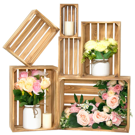 BOY MCOWBOY 6 Pcs Decorative Wood Crates for Display, 6 Size Large Farmhouse Wooden Basket for Storage Container and Decorations, Rustic Nesting Crates Decor Boxes with Handle BOY MCOWBOY