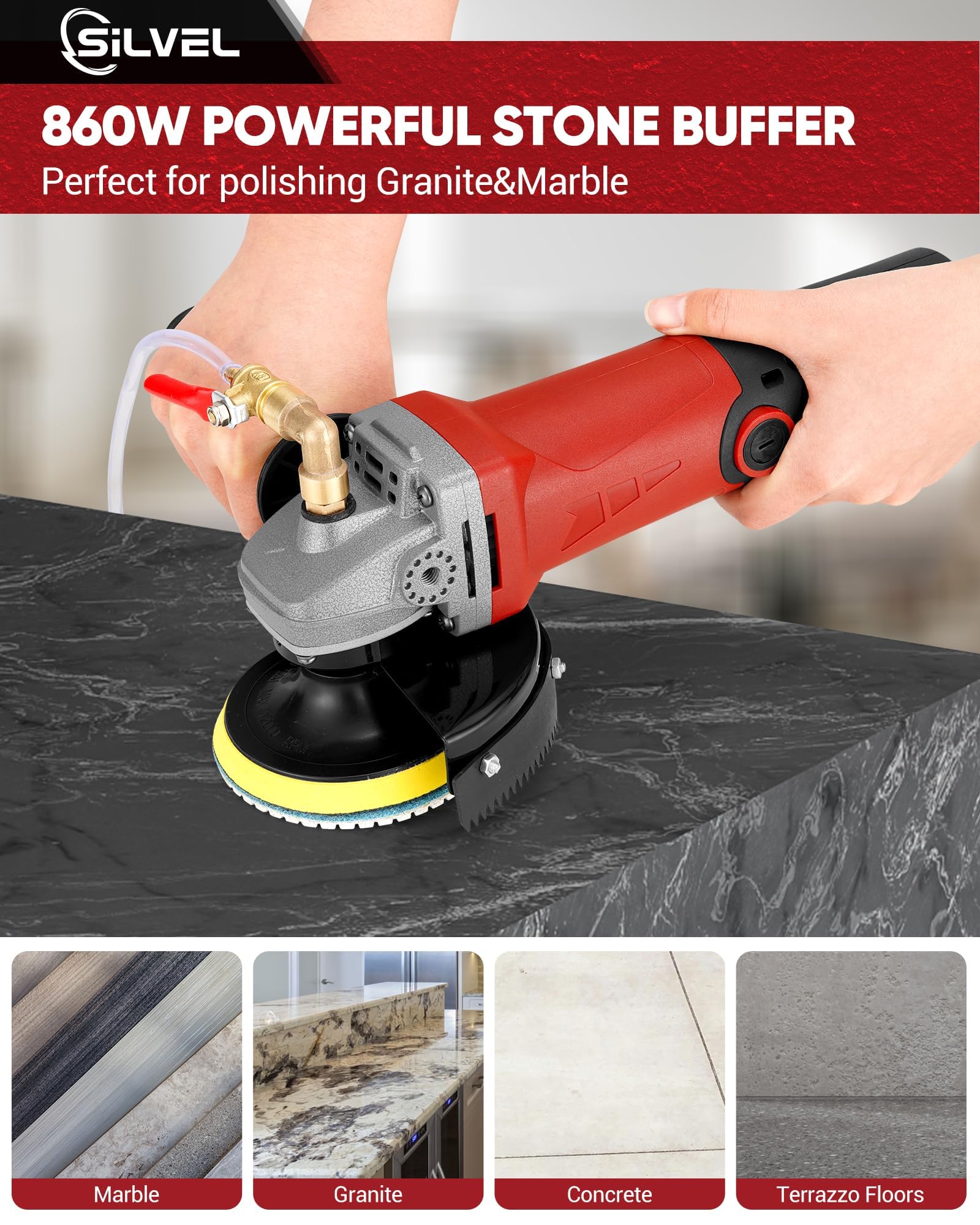 SILVEL 860W Wet Polisher, 4 inch Wet Stone Polisher with 6 Variable Speeds, 110V Granite Polisher with 7 Diamond Polishing Pads for Granite, Marble, Concrete, Stones - WoodArtSupply