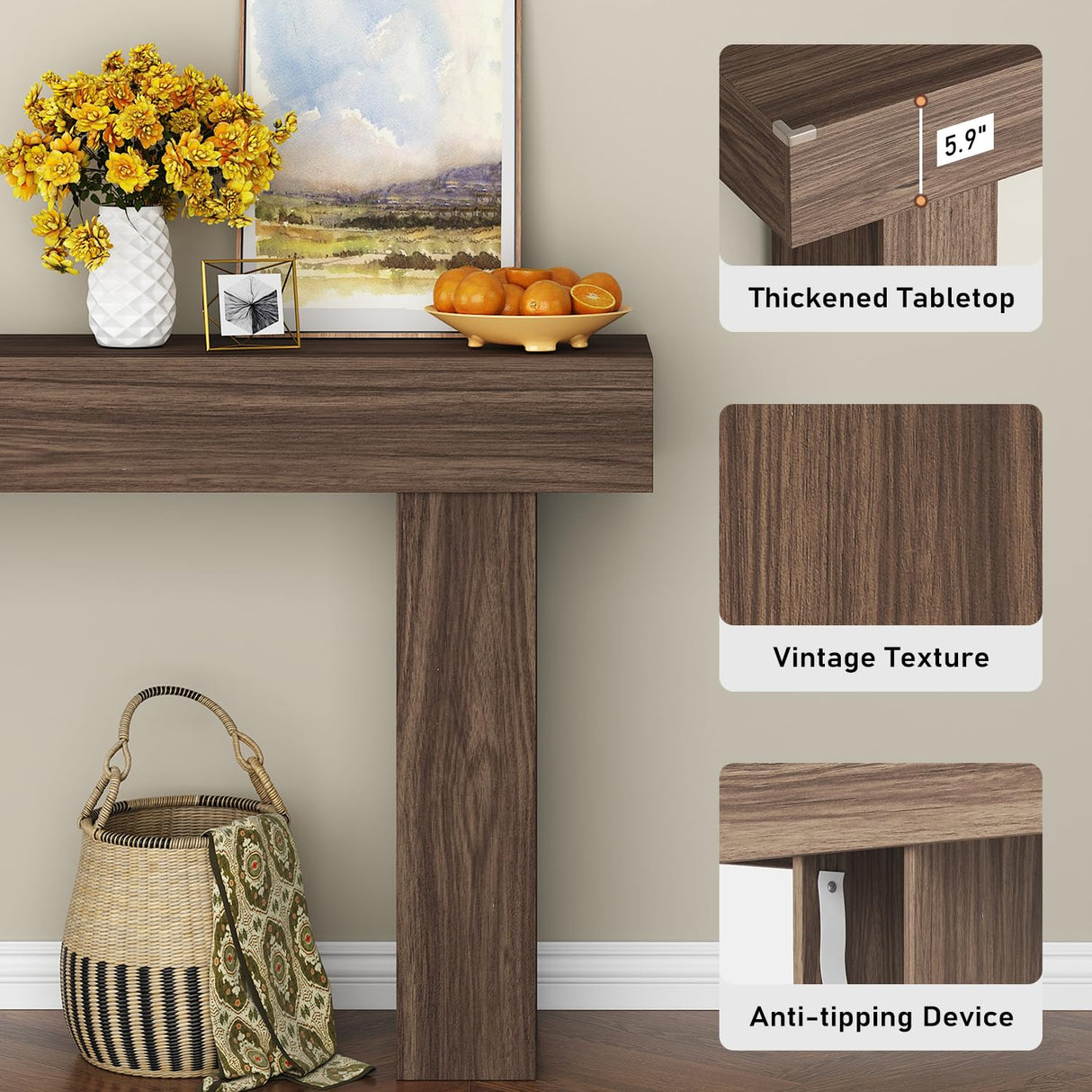 knoworld 63 Inch Long Console Table for Entryway, Farmhouse Wood Rectangular Sofa Table Behind Couch Table, Narrow Entryway Table for Living Room, Entrance, Hallway, Foyer, Easy Assembly (Brown) knoworld