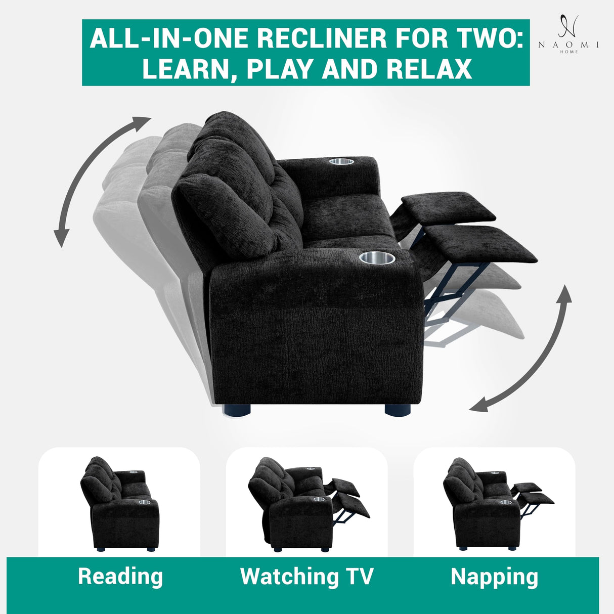 Naomi Home Suri Kids Recliner Loveseat with Cup Holders & Footrests, Black Chenille - Cozy 2-Seater Lounge for Children Naomi Home