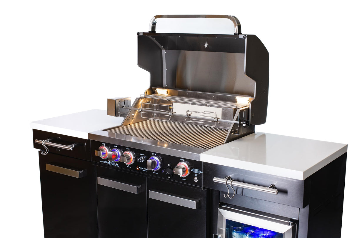Mont Alpi MA-957FC 5-Burner 63000 BTU Black Stainless Steel Outdoor Kitchen Bar Gas Barbecue Island Grill with Infrared Rear Burner + Fridge Cabinet + Rotisserie Kit & Full Weather Cover Mont Alpi