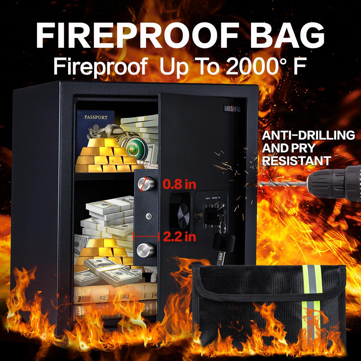 Safe Box, 1.7 Cubic Feet Home Safe, Electronic Digital Keypad, Alarm System, W/Fireproof Bag, Removable Shelf, Money Box for Money Documents, Home Use,13.78"D x 12.99"W x 16.54"H Locksworth