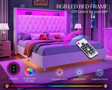 Jocisland Queen Size Bed Frame 53.6'' Tall Headboard LED Lights and Charging Station, Velvet High Upholstered Platform Bed Wingback Storage, No Box Spring Needed, No Motion Light Under Bed, Cream Jocisland