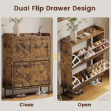 Dowinx Shoe Cabinet Storage with 2 Flip Drawers, Freestanding Shoe Organier Cabinet with Metal Legs, Farmhouse Narrow Shoe Stroage Cabinet Hidden for Entryway Hallway, Rustic Brown Dowinx