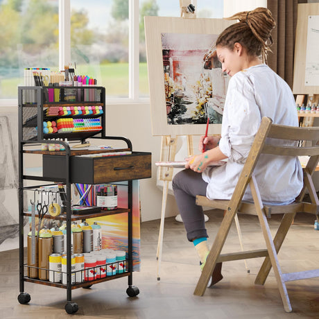 Homsorout Art cart, 3 Tier Rolling Cart - Utility Cart with Storage Drawer and Wheels, Versatile Art & Craft Organizer for Home, Office, or Studio Ideal for Storing Brushes, Paints （Brown） Homsorout