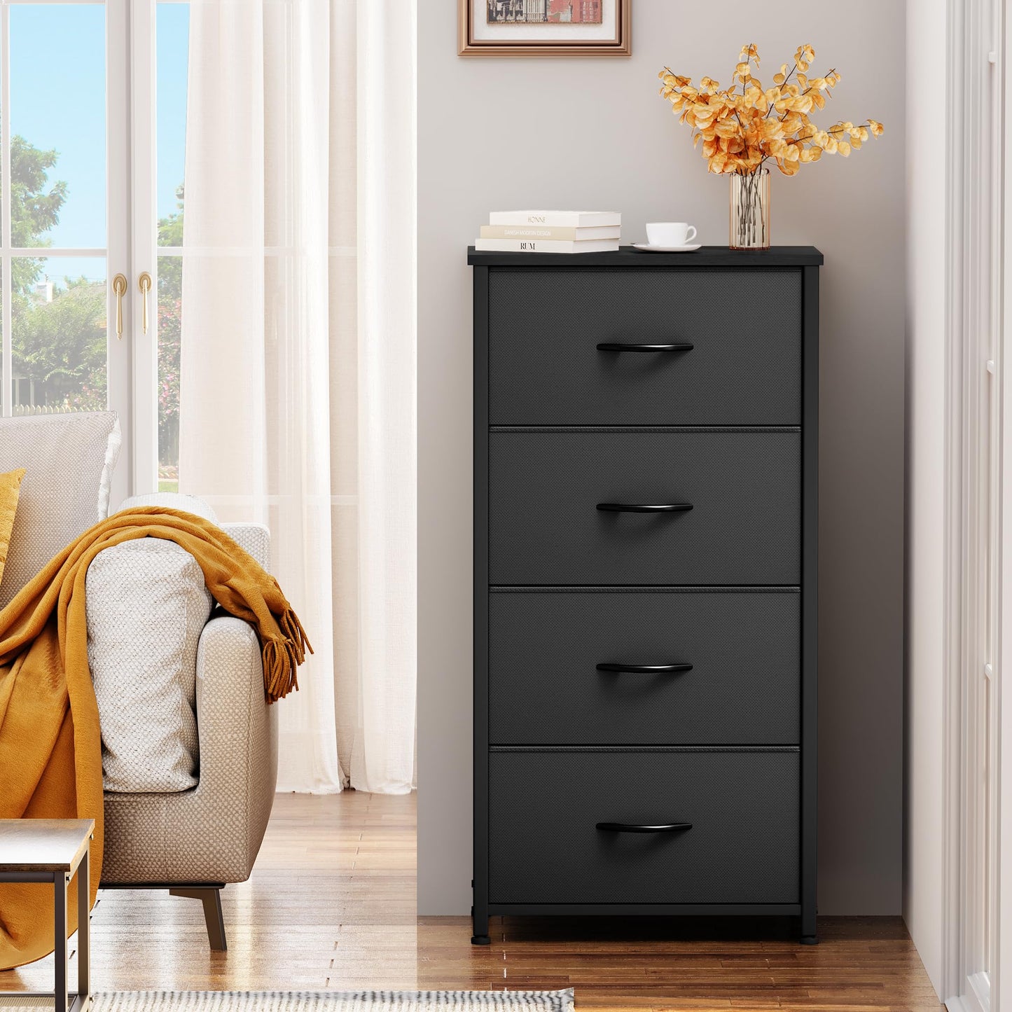 YITAHOME Storage Tower with 4 Drawers - Black Fabric Dresser, Organizer Unit for Bedroom, Living Room, Closets - Sturdy Steel Frame, Easy Pull Fabric Bins & Wooden Top