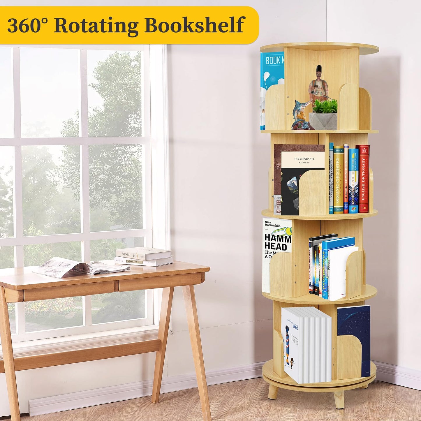 Ybaymy 4-Tier 360° Rotating Bookshelf Tower with Legs - Space-Saving Floor-Standing Wood Organizer for Living Room and Bedroom - WoodArtSupply