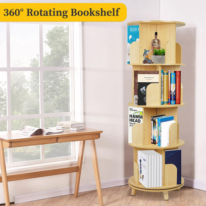 Ybaymy 4-Tier 360° Rotating Bookshelf Tower with Legs - Space-Saving Floor-Standing Wood Organizer for Living Room and Bedroom - WoodArtSupply