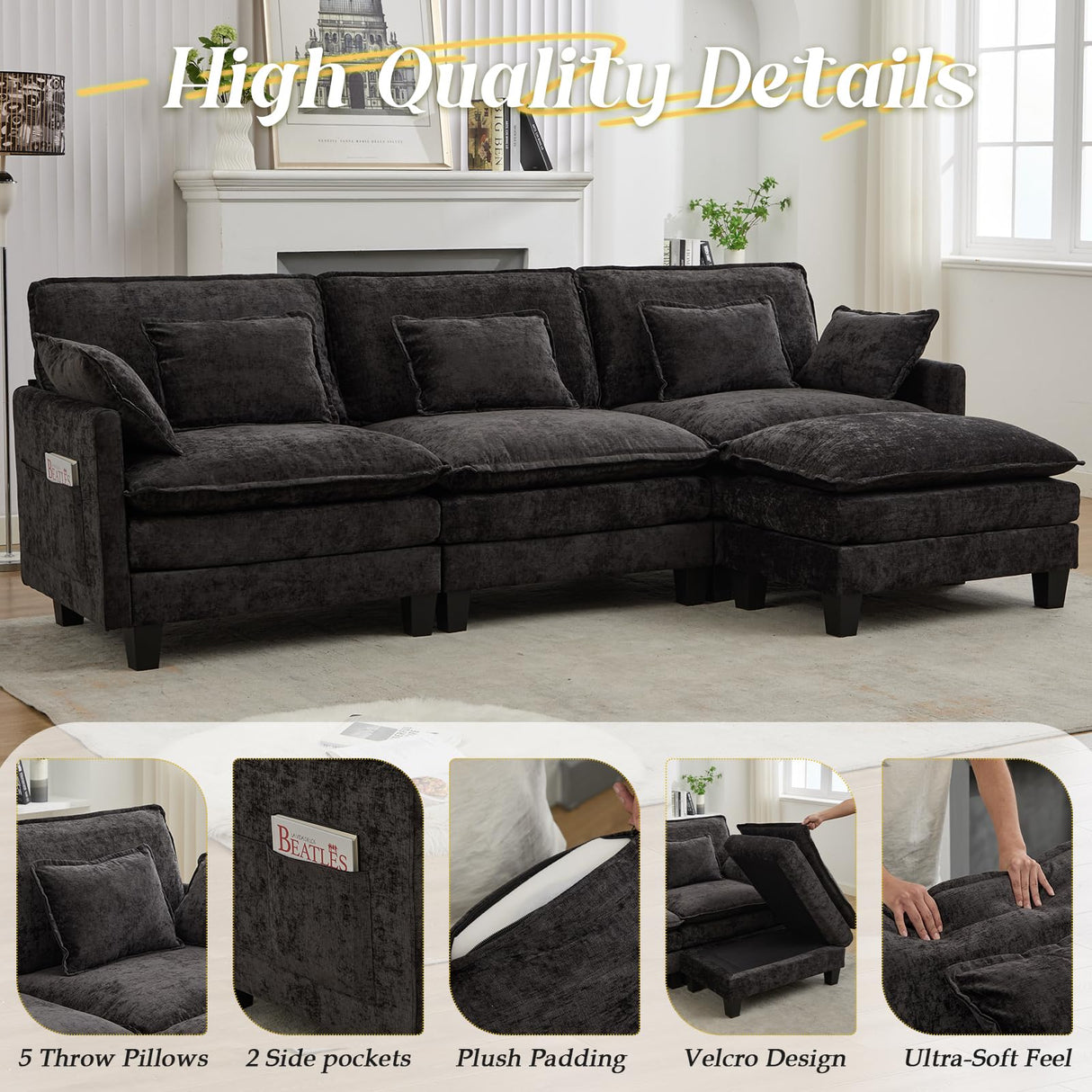 SAMERY Modular Sectional Sofa, 113" L Shaped Couch Set for Living Room Comfy Cloud Couch with Movable Ottoman, Extra Deep Seat Sofa Sleeper with 5 Pillows, Black Chenille 3-Seater Sofa SAMERY