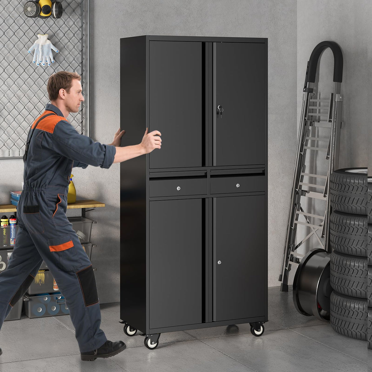 EcoSummer Metal Storage Cabinet, 73''with Wheels, Lockable Doors, 2 Drawers, and Adjustable Shelves for Garage, Workshop, or Office - Black EcoSummer