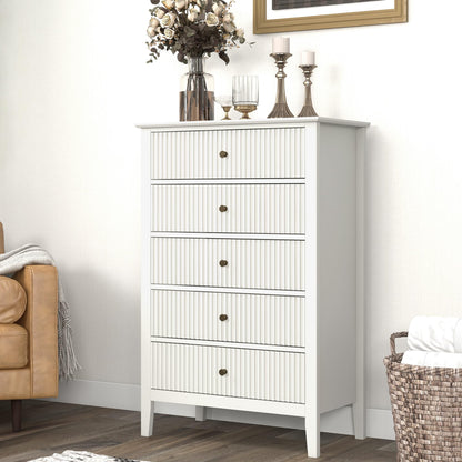 RoyalCraft White Fluted 5 Drawer Dresser for Bedroom, Tall Chest of Drawers with Ball Bearing Slide, Waterproof Lacquered Desktop,Modern Wood Storage Cabinet for Living Room - WoodArtSupply