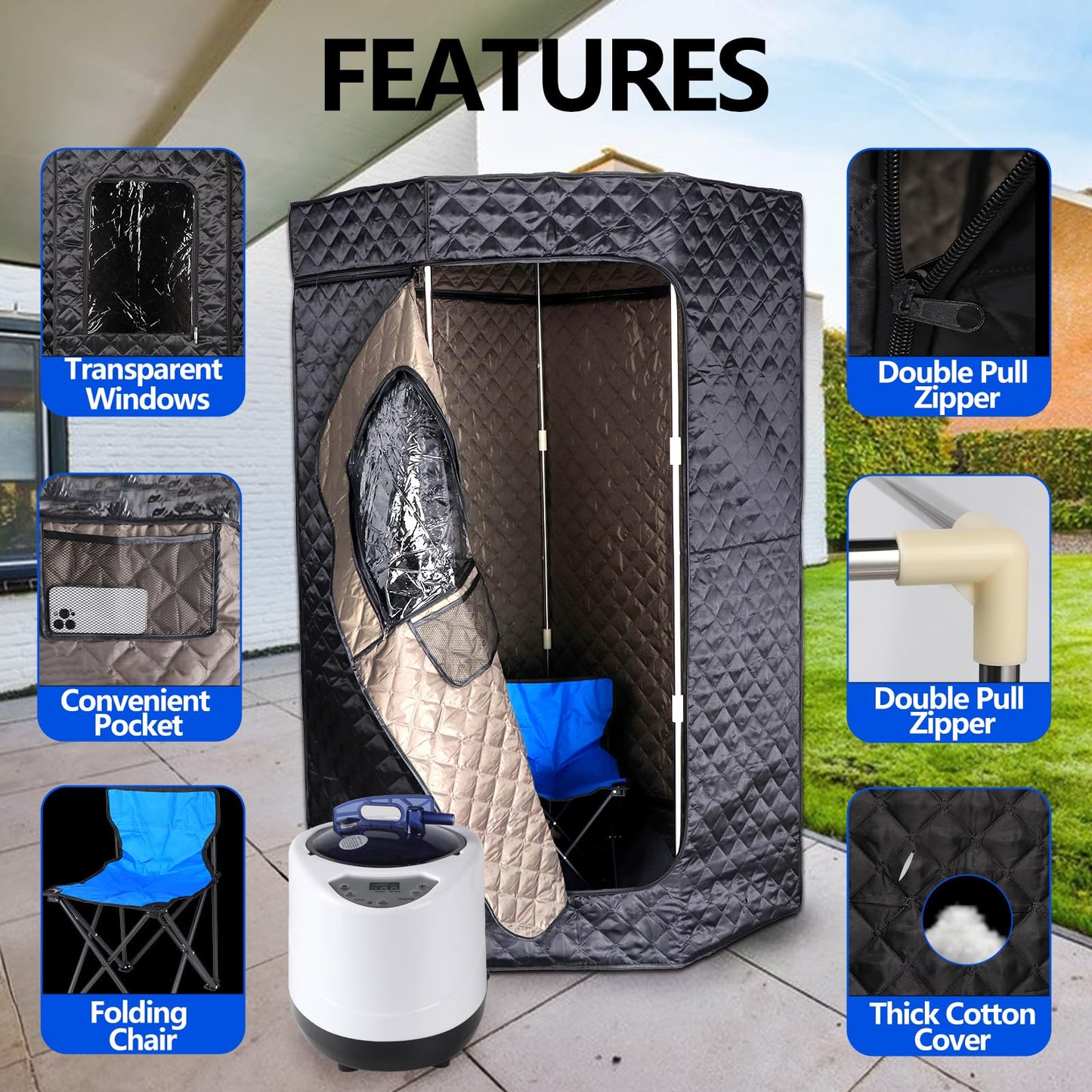 PEEKO Portable Sauna for Home, Full Size Personal Pentagon Sauna Tent with 3L Capacity 1200w Steamer, Foldable Chair, Sweat Mat, Remote Controller Included