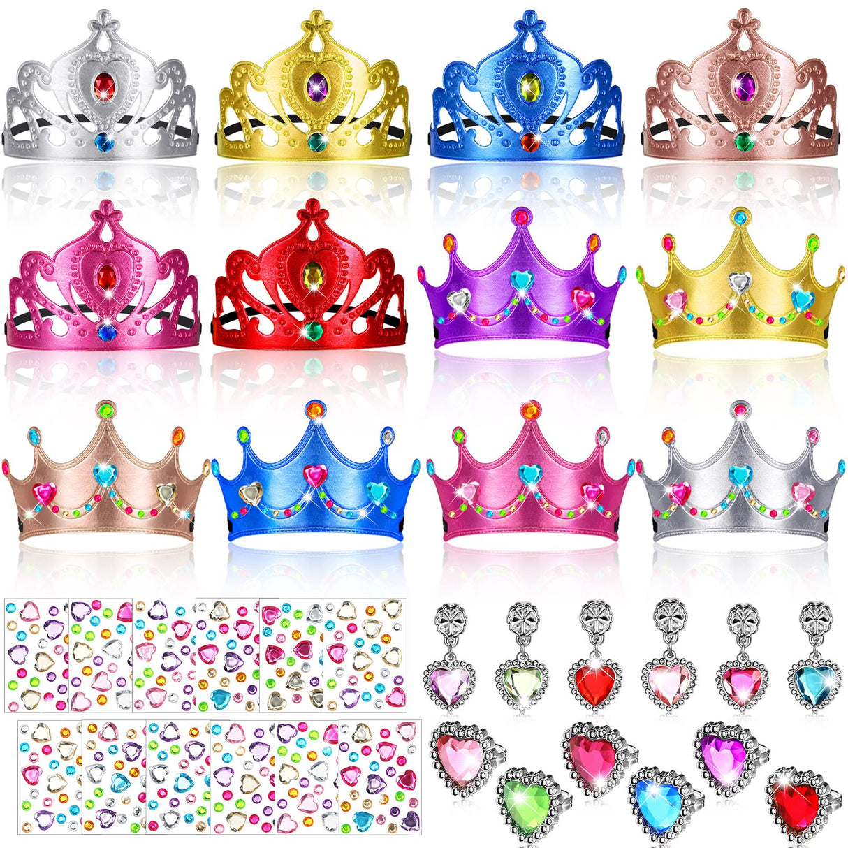 36 Pieces Foam Crowns for Adults Princess Tiaras Crowns Bulk Jewelry Toys DIY Crystal Diamond Sticker King Crown Party Earring Ring Princess Dress up Birthday Party Favors Supplies Sureio