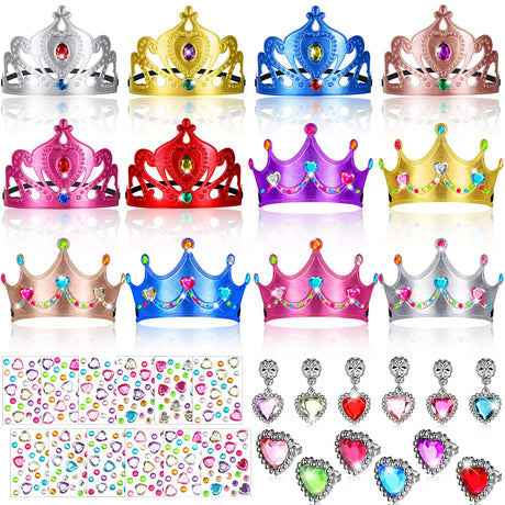36 Pieces Foam Crowns for Adults Princess Tiaras Crowns Bulk Jewelry Toys DIY Crystal Diamond Sticker King Crown Party Earring Ring Princess Dress up Birthday Party Favors Supplies Sureio