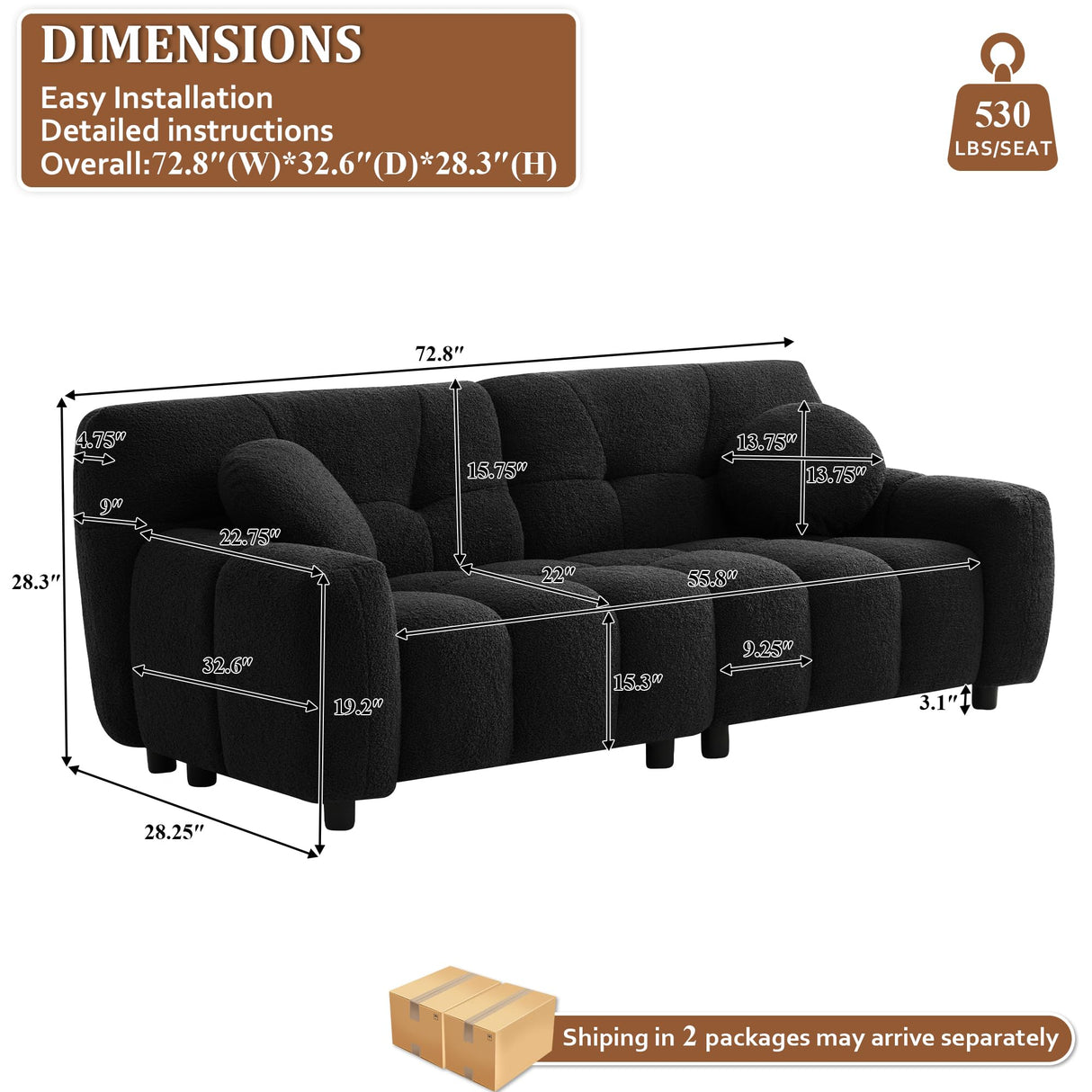 72.8" Boucle Cloud Sofa Couch with 2 Soft Pillows,Comfy Upholstered Teddy 2 Seater LoveSeat Sofa,Modern Deep Seat Sherpa Cloud Couch, Oversized Love Seat for Living Room Bedroom Apartment,Black DAMAIFROM