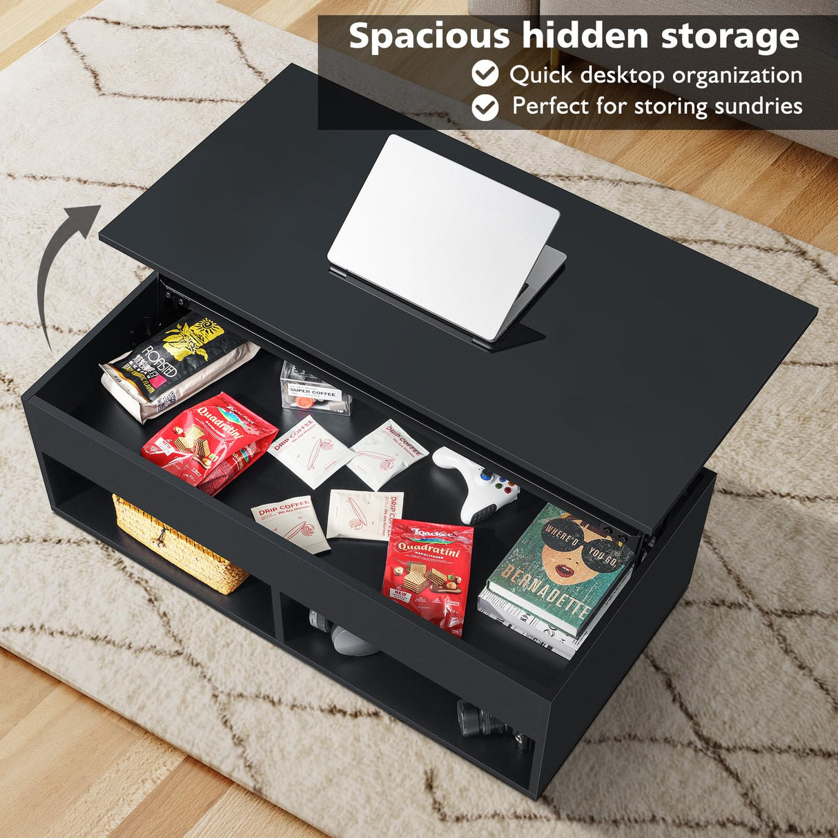 LED Coffee Table for Living Room Lift Top Coffee Tables with Storage Morden High Gloss 4 Tiers Black Tea Table Center Tables Sofa Hidden Compartment & 2 Open Shelve HOMMPA