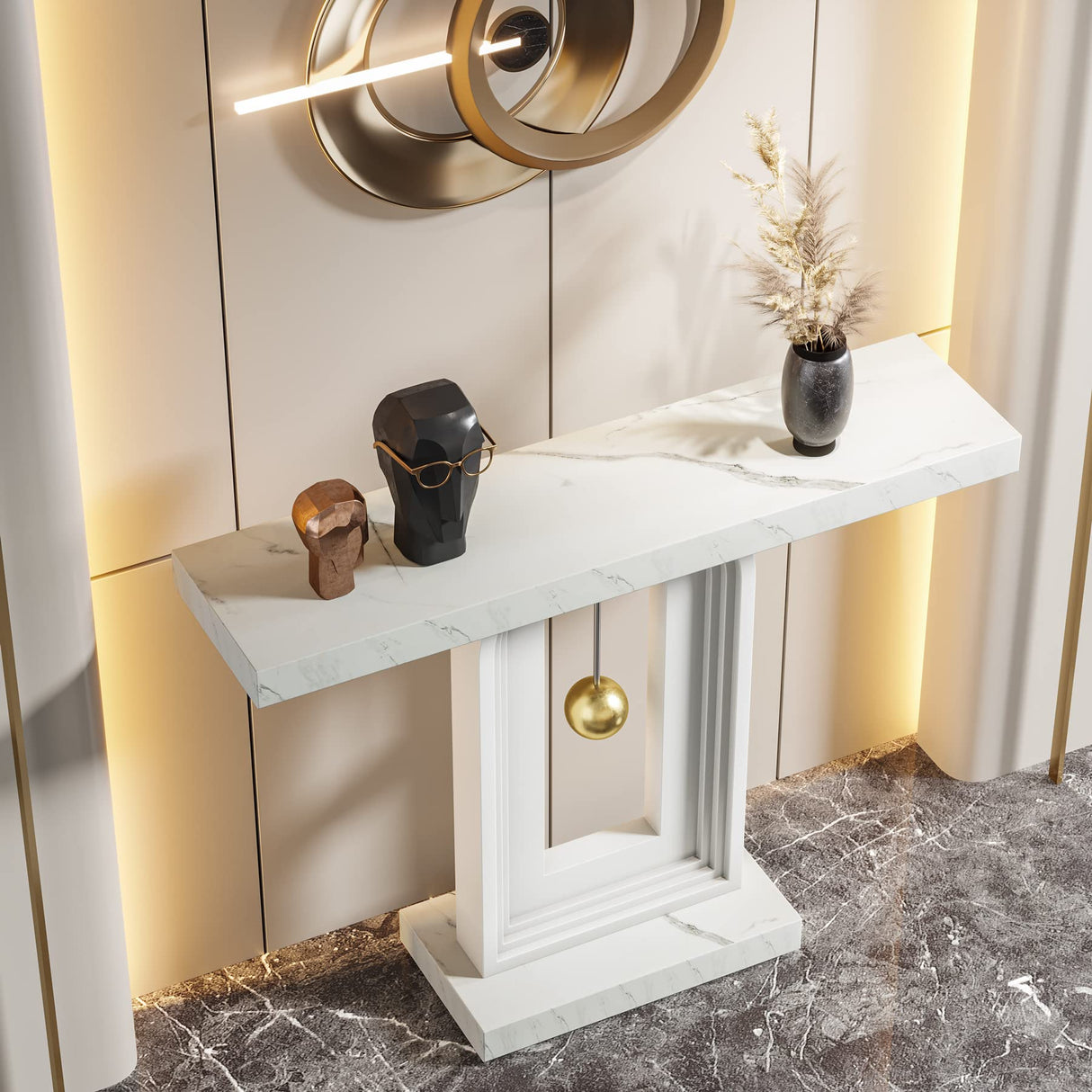 Tribesigns Modern Console Table, 40 Inches Narrow Sofa Entryway Table with Pendulum Shape Base, Contemporary Wood Accent Table for Living Room Hallway Entrance, Faux Marble White Tribesigns