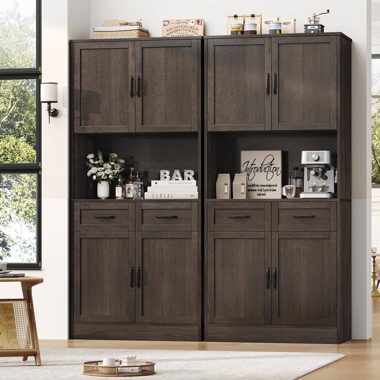 HOSTACK 71“ Tall Kitchen Pantry Storage Cabinet, Modern Kitchen Hutch Bar Cabinet with Microwave Stand, Wood Buffet Sideboard with Hutch, Cupboard with Drawers, Shelves for Dining Room, Dark  - WoodArtSupply