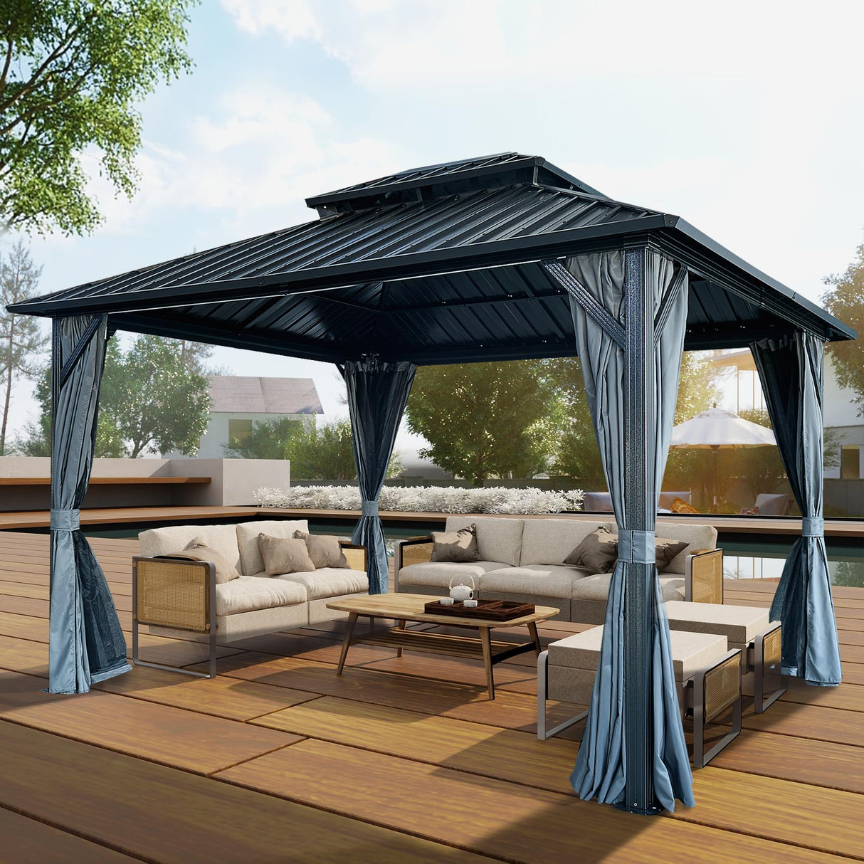 Zolyndo 10x12ft Outdoor Hardtop Gazebo with Netting and Curtains, Heavy-Duty Galvanized Aluminum Frame Gazebo with 2-Tier Waterproof Metal Roof for Patio, Backyard, Deck and Lawns, Black Zolyndo