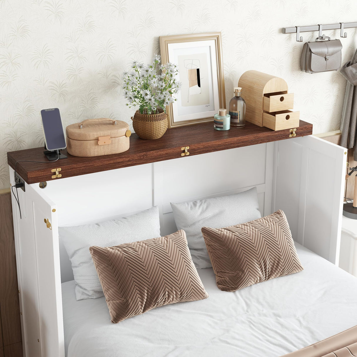 DaiNNCN Cabinet Murphy Bed with Storage Drawer and Charging Station,Cube Foldable Platform Bed,Space-Saving for Living Room,No Box Spring Needed,Full Size,White+Walnut DaiNNCN