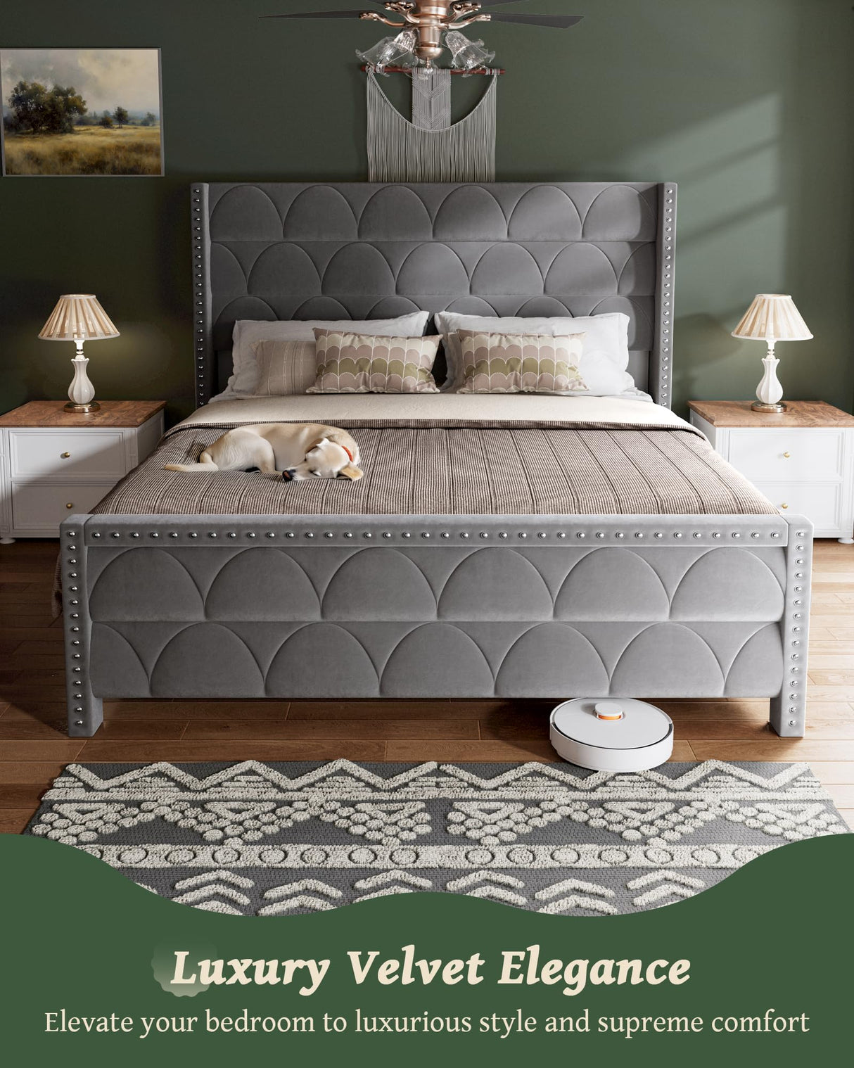 OHOHOLIVE King Size Bed Frame with 56" Headboard - 1000LBS Capacity Support, Velvet Upholstered Wingback Platform Bed Frame, Noise Free, Sturdy Wooden Slat Support OHOHOLIVE