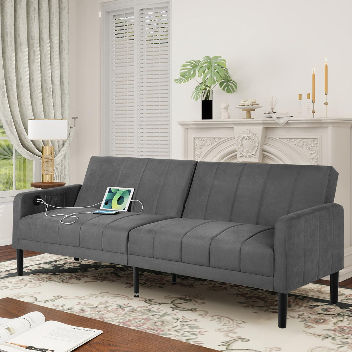 CHYMSUN 82" Convertible Futon Sofa Bed, Comfy Fabric Folding Sleeper Couch Bed w/USB & Adjustable Backrest, 3 in 1 Modern Foldable Recliner Loveseat Futons for Living Room, Apartment, Office (Grey) CHYMSUN