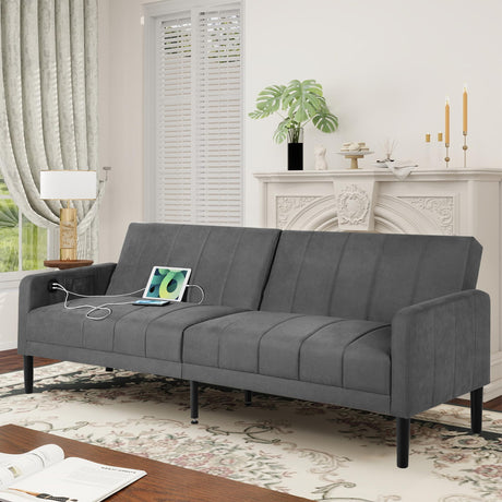 CHYMSUN 82" Convertible Futon Sofa Bed, Comfy Fabric Folding Sleeper Couch Bed w/USB & Adjustable Backrest, 3 in 1 Modern Foldable Recliner Loveseat Futons for Living Room, Apartment, Office (Grey) CHYMSUN