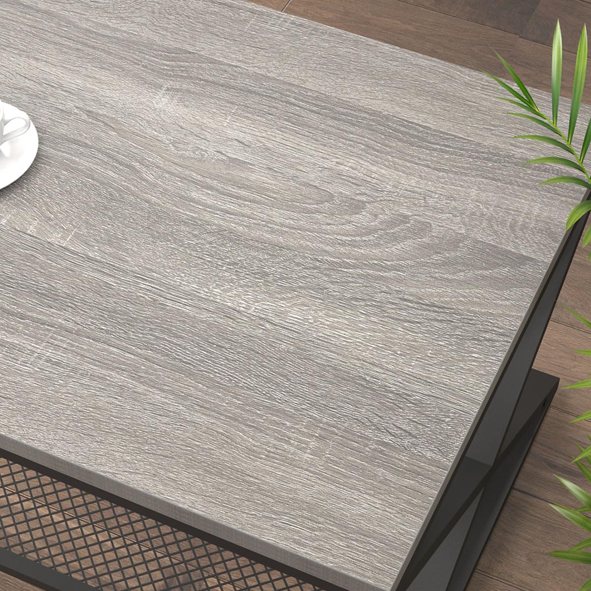 LVB Gray Coffee Table, Farmhouse Wood Metal Center Table with Storage for Living Room, Industrial Wooden 2 Tier Rectangle Cocktail Tea Table with Mesh Shelf for Office Bedroom, 47 inch, Light Grey Oak LVB