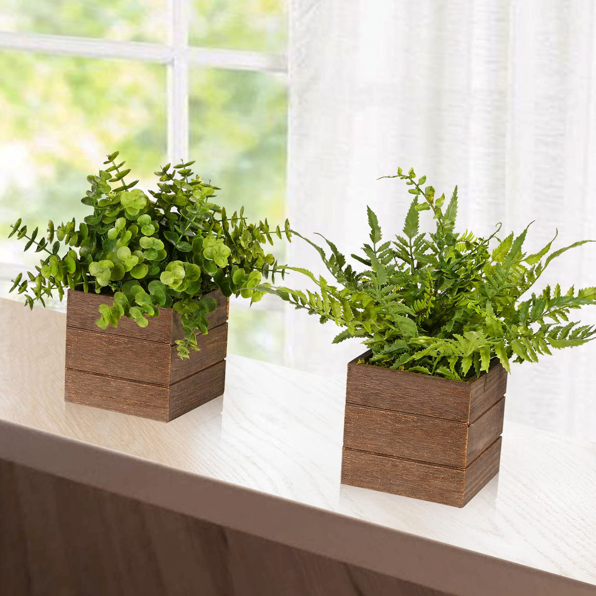 Vlorart Small Fake Plants, 2Pack Mini Potted Artificial Plastic Boxwood Fern Green Decorative Plant in Wooden Potted, Fake Desk Plant for Farmhouse Home Decor Office Bathroom Desk Room Indoor Outdoor Vlorart
