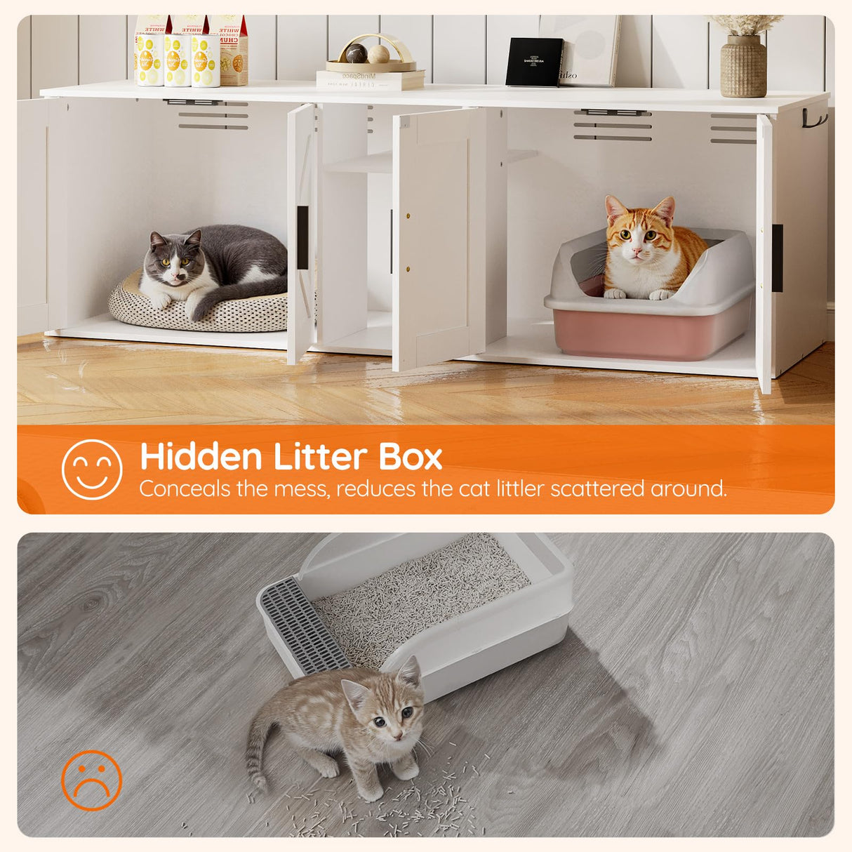 HOOBRO 58.3" Cat Litter Box Enclosure, Litter Box Furniture for 2 Cats, Cat House with Corridor, TV Stand with Storage, Double Litter Box Cabinet with Hooks, Wooden Cat Furniture, White WT15MW01 HOOBRO