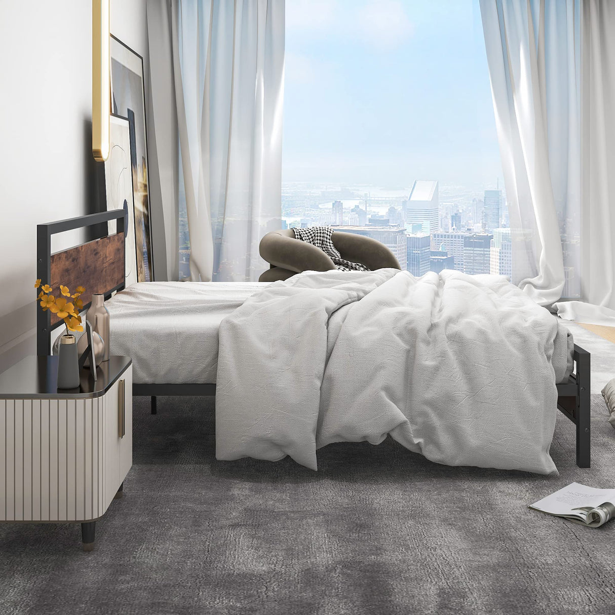 BOFENG Full Size Bed Frame with Wood Headboard,Heavy Duty Platform Bed Frame Full with Storage No Box Spring Needed,Reinforced Steel Slats Support,Mattress Foundation,Rustic Brown BOFENG