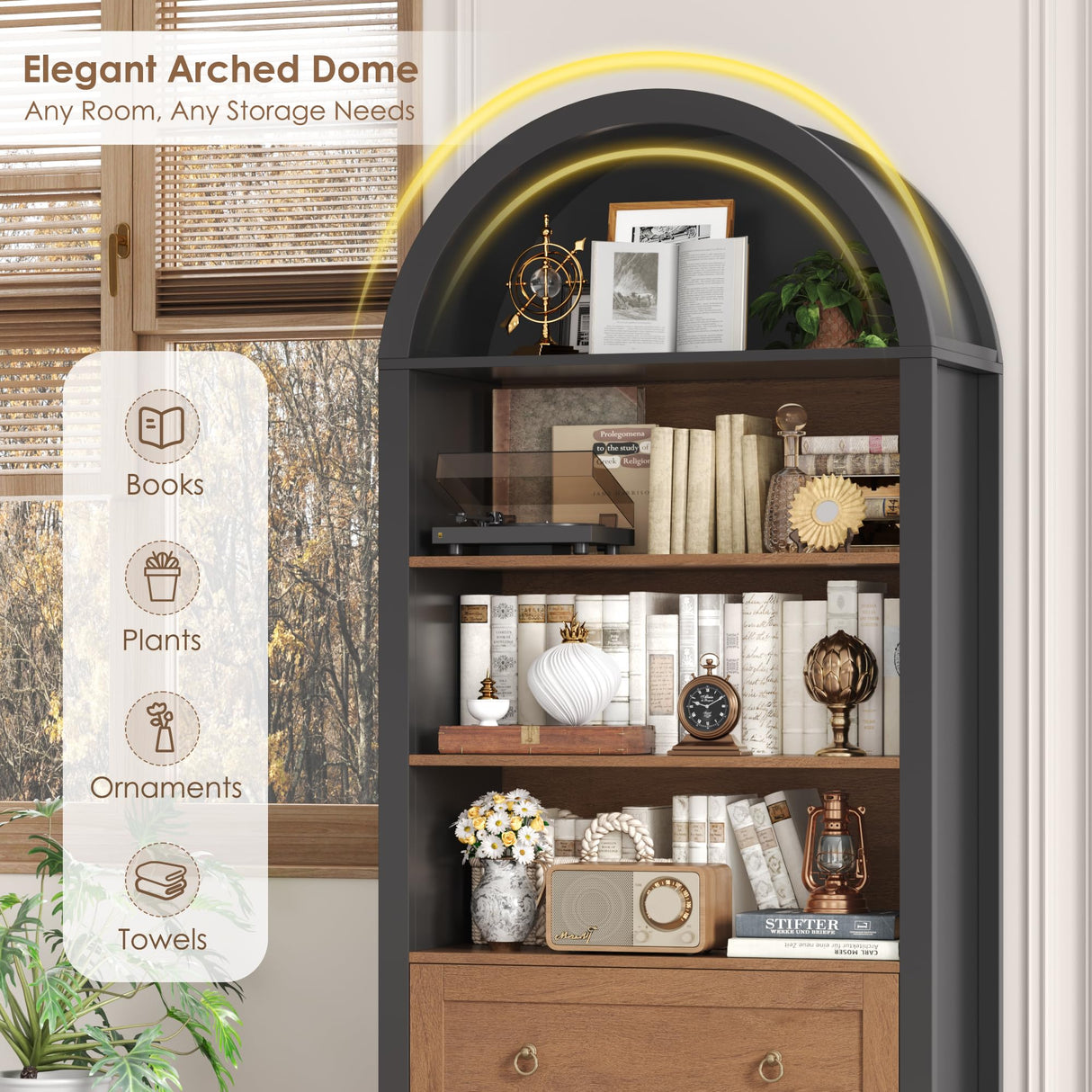 FINETONES 70" Tall Arched Bookcase with Drawers, 6-Tier Arched Cabinet with Open Display Shelves, Farmhouse Wooden Bookshelf Storage Cabinet for Living Room, Home Office (Black/Brown) FINETONES