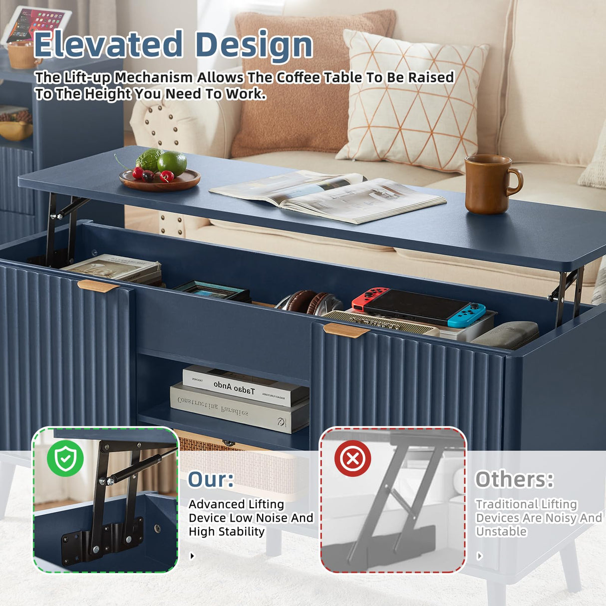 LEYAOYAO 48" Fluted Lift Top Coffee Table with Hidden Storage & Adjustable Shelves, Lifting Tabletop Large Rectangular Coffee Tables, Mid Century Modern Wood Center Table for Living Room, Nave Blue LEYAOYAO