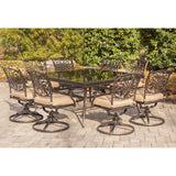 Hanover Traditions 9-Piece Outdoor Dining Set with Tan Cushions, 8 Swivel Rockers and Tempered Glass Square Dining Table, All-Weather, Rust-Resistant Aluminum Patio Dining Set for 8 Hanover