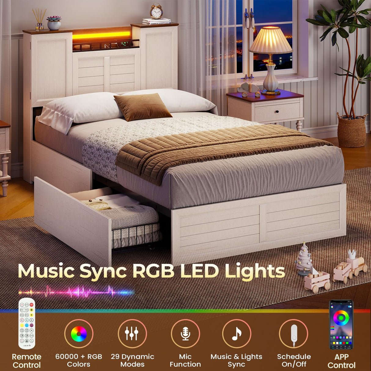 VIAGDO Farmhouse Twin Bed Frames with Headboard and Double Barn Door Storage Cabinets, Rustic Wooden Bed Frame Twin Size with Charging Station, 4 Drawers and LED Lights, No Box Spring Needed, White VIAGDO