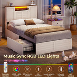 VIAGDO Farmhouse Twin Bed Frames with Headboard and Double Barn Door Storage Cabinets, Rustic Wooden Bed Frame Twin Size with Charging Station, 4 Drawers and LED Lights, No Box Spring Needed, White VIAGDO