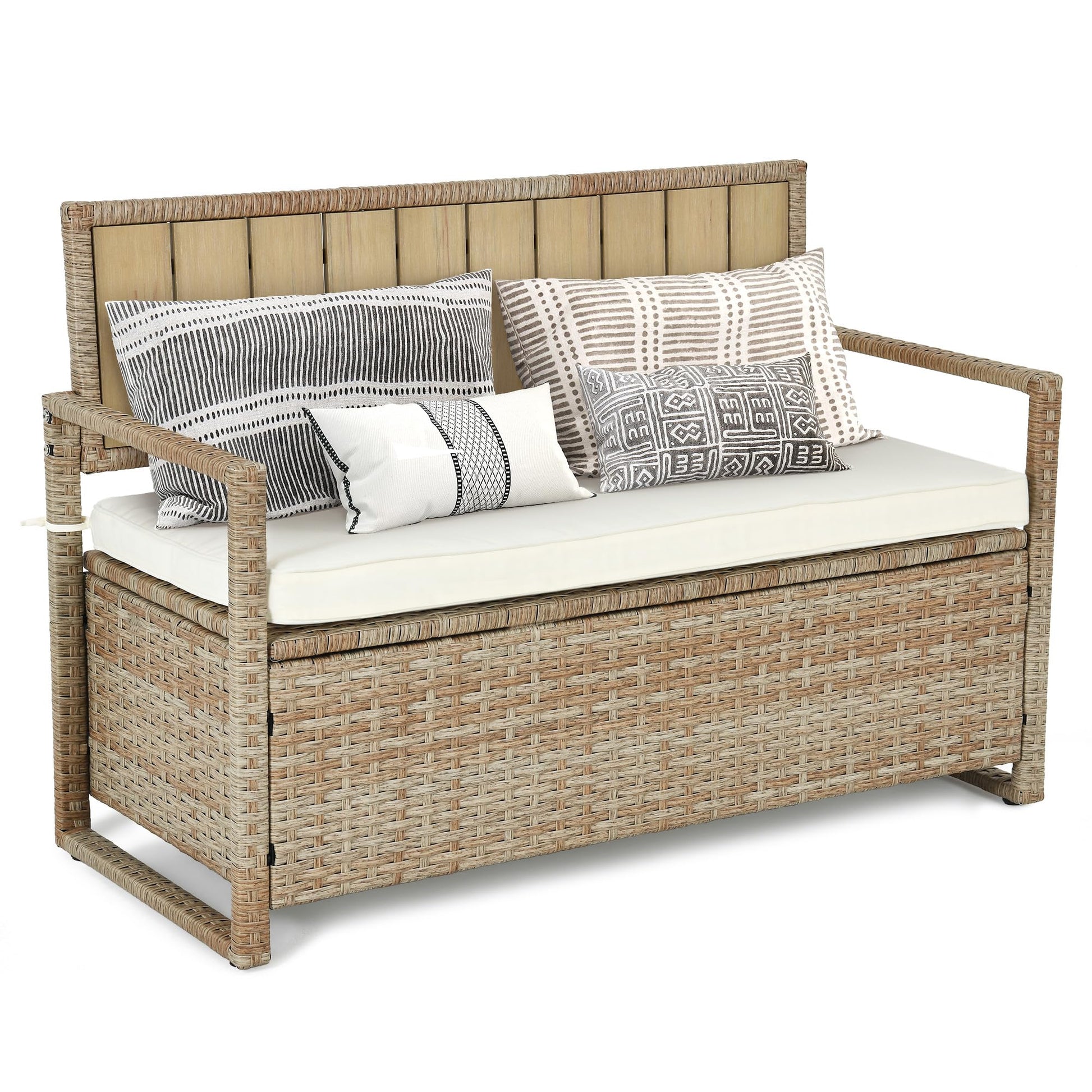 YITAHOME 70 Gallon Outdoor Storage Bench, All-Weather PE Rattan Deck Box, Wicker Storage Seat Box for Patio Furniture, Outdoor Cushions, Pool Storage and Garden Tools - Beige - WoodArtSupply