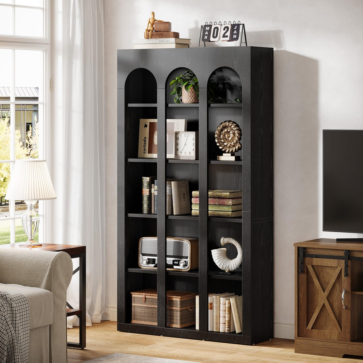 Tribesigns 5-Tier Farmhouse Arched Bookshelf, 70.87-Inch Mid Century Modern Bookcase with Open Shelves, Tall Book Shelf Gothic Display Storage Shelving Unit for Home Office, Black Tribesigns