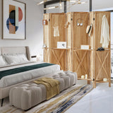 Aletheiawu 6 Panel Room Divider with Shelves, Wooden Pegboard Room Dividers, 5.6Ft Room Partitions and Dividers, Room Divider Panel with 24 Hooks for Bedroom, Study, Shop, Natural Color Aletheiawu