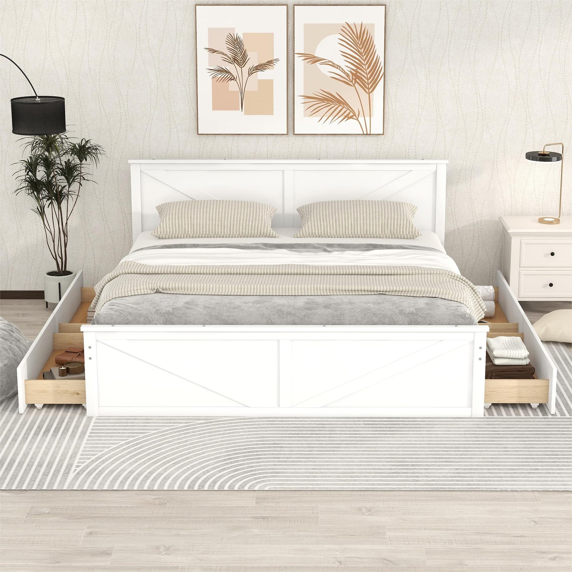 LZ LEISURE ZONE King Size White Wooden Platform Bed with 4 Storage Drawers and Headboard - WoodArtSupply