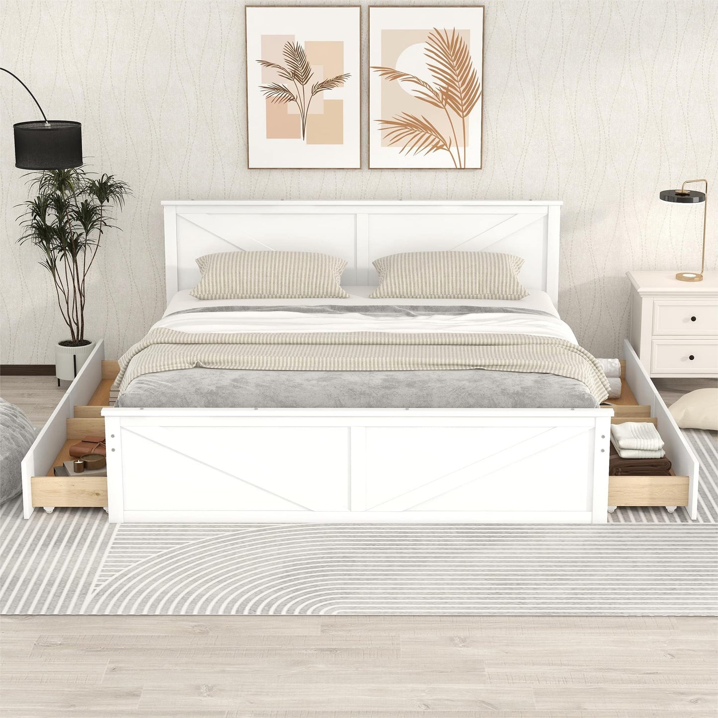 LZ LEISURE ZONE Modern King Size Platform Bed with Storage Drawers and Headboard in White - WoodArtSupply