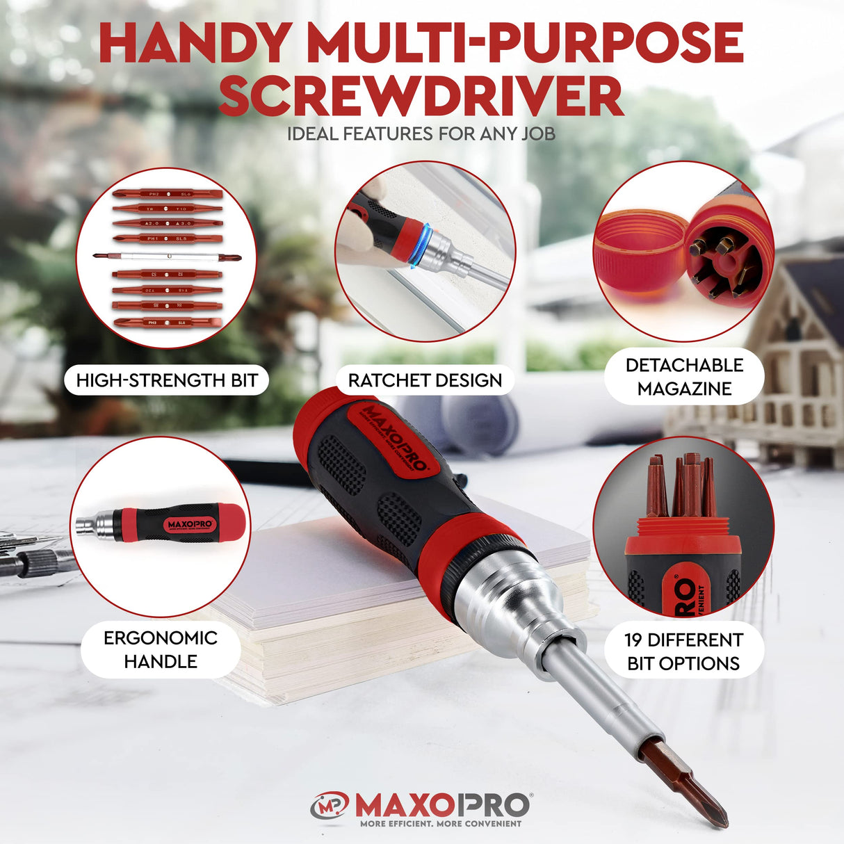MaxoPro Ratcheting Screwdriver Set with Magnetic Tips - 19 In 1 Ratchet Multi Screwdriver - Portable and Multipurpose All In One Screwdriver, Phillips//Torx-Star/Hex/Square Bits MaxoPro
