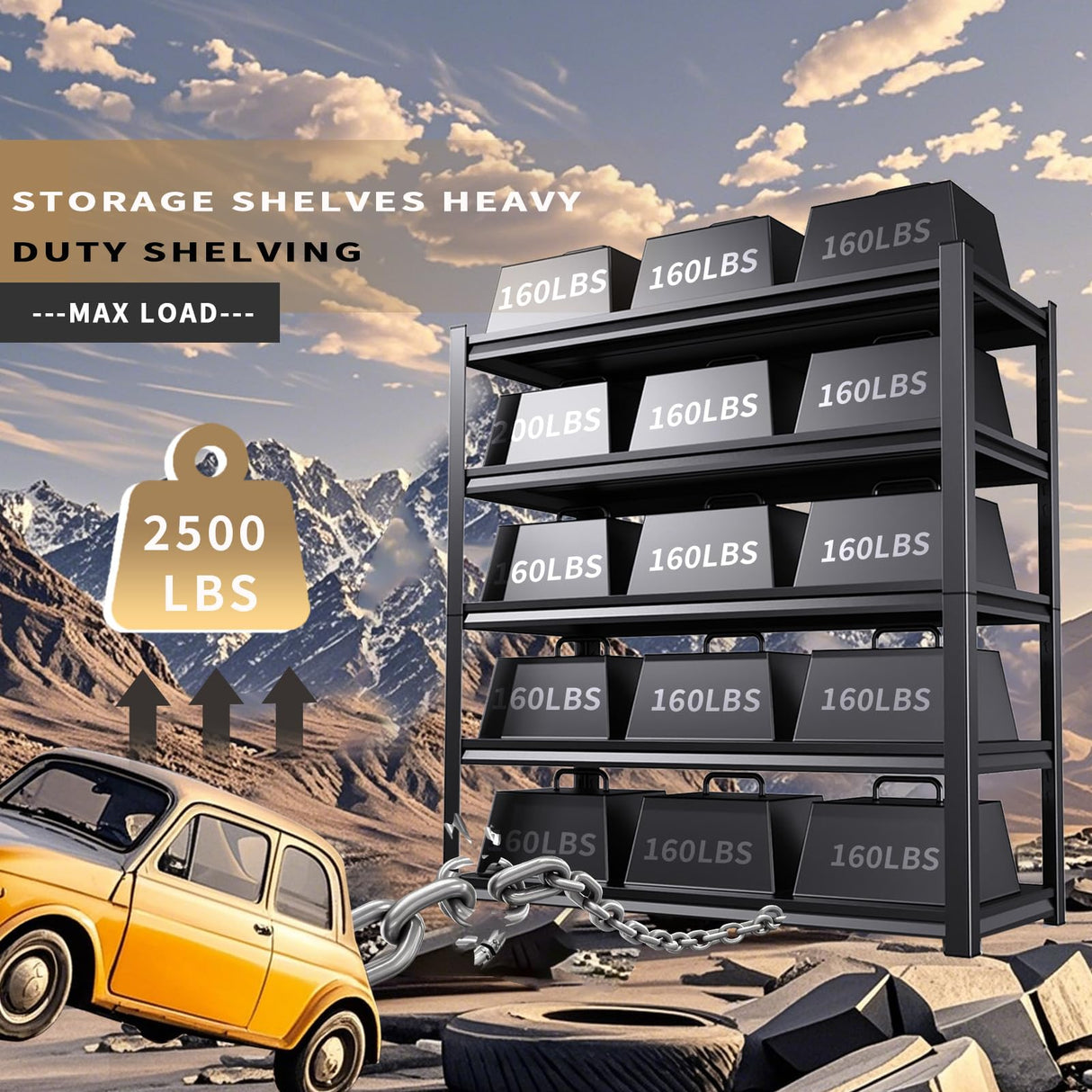 AOJUFEO 72" H Garage Shelving Heavy Duty 5-Tier Storage Shelves, 2500 lbs Adjustable Metal Shelving Unit, Utility Storage Rack Shelf for Garage, Basement, Pantry, Black (72 "H x 36" W x 16" D) AOJUFEO