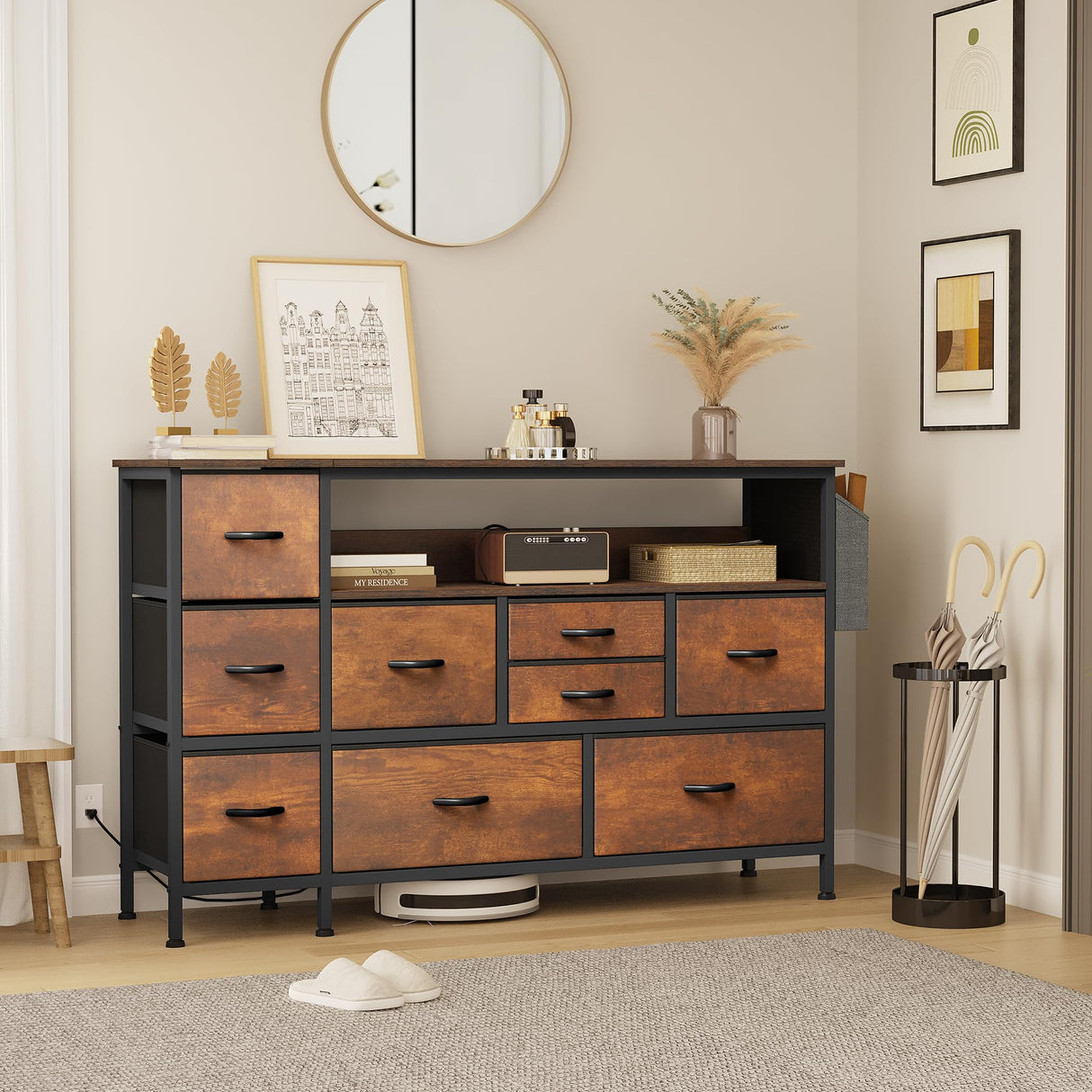 YITAHOME Dresser TV Stand with Power Outlet for 55'' TV, 9 Drawer Dresser for Bedroom, Media TV Console Table with Side Pockets & Hooks, Fabric Dresser Chest of Drawers for Bedroom, Living Room YITAHOME