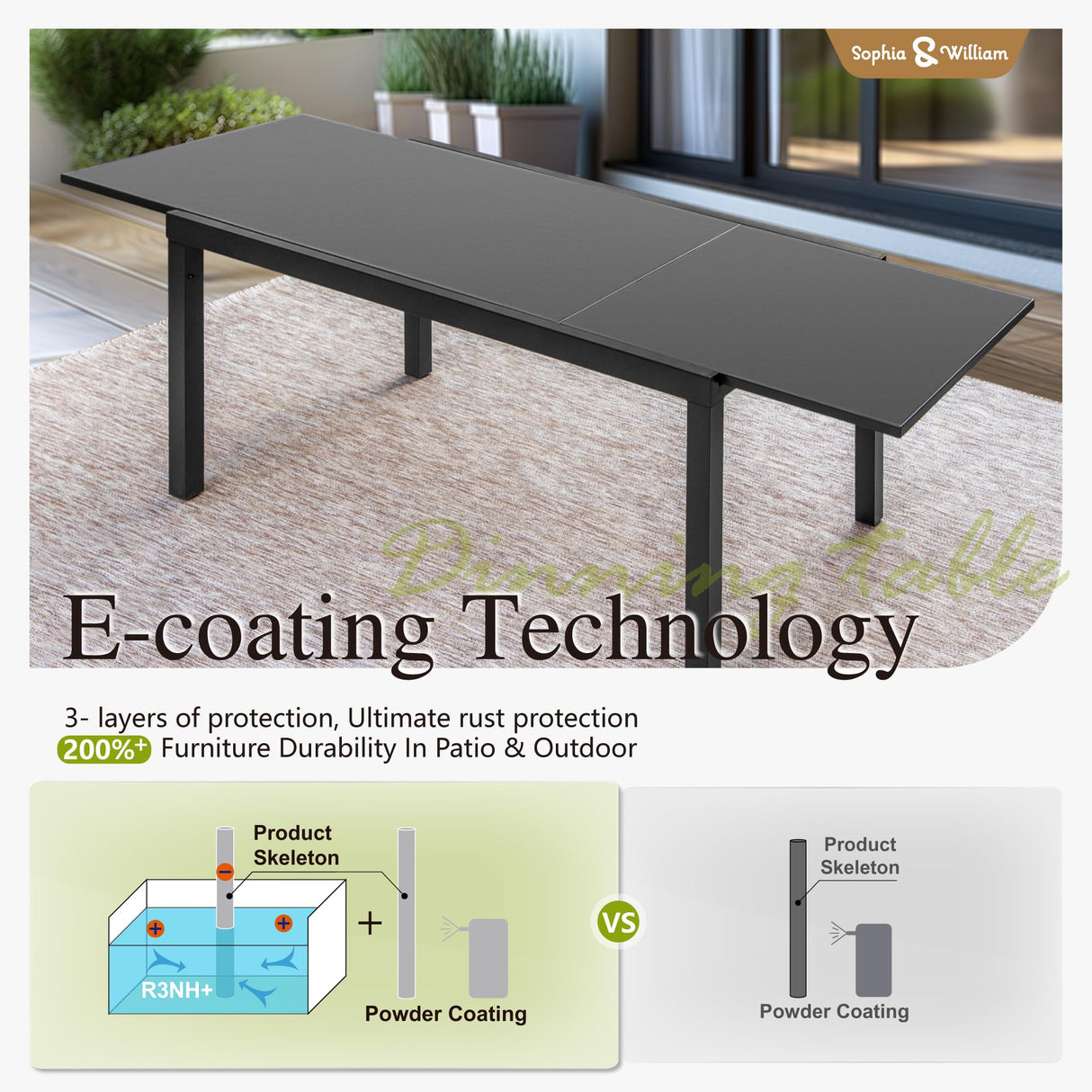 Sophia & William Expandable Patio Dining Table, Extra Large 99.2" L x 35.5" W Outdoor Dining Table for 6-10 Person Metal Rectangular Patio Table with E-Coating for Garden Porch Deck (Black) Sophia & William